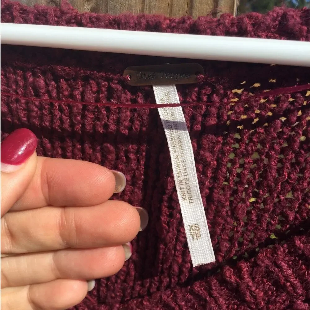 Free People Womens‎ Cable Knit Sweater Size XS Red Fall Boho Grunge Romantic